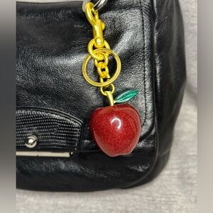 Apple Bag Charm - Red Glitter & Gold Toned Charm w/ Dog Leash Clip & Keychain-5”